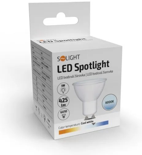 SOLIGHT LED žiarovka bodová PAR16 5W, GU10, 6000K, 425lm, denná modrá