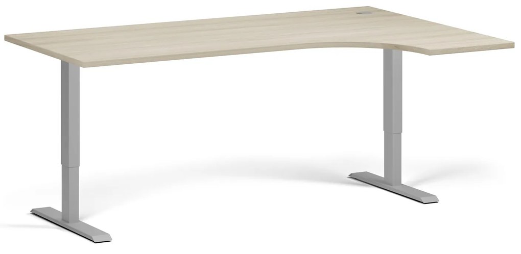 Rohový výškovo nastaviteľný stôl, 180x120 cm, 2 motory, L/P, sivá podnož, dub prírodný