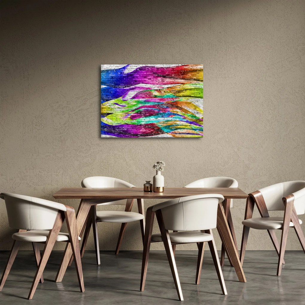 Obraz - Tehlový múr s farebnými plameňmi (70x50 cm)