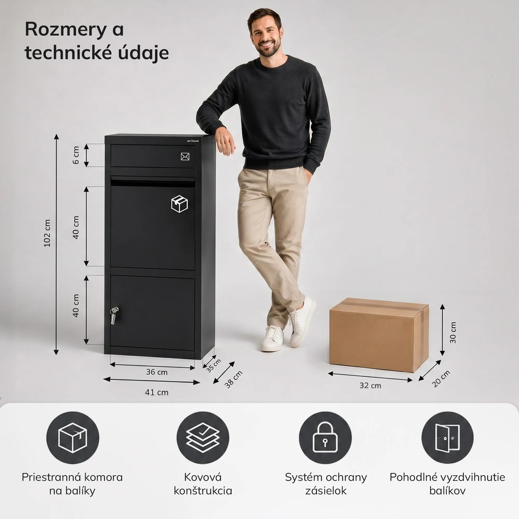 Kovová schránka na balíky a listy, vonkajšia, uzamykateľná, čierna: Paczkobox PAT