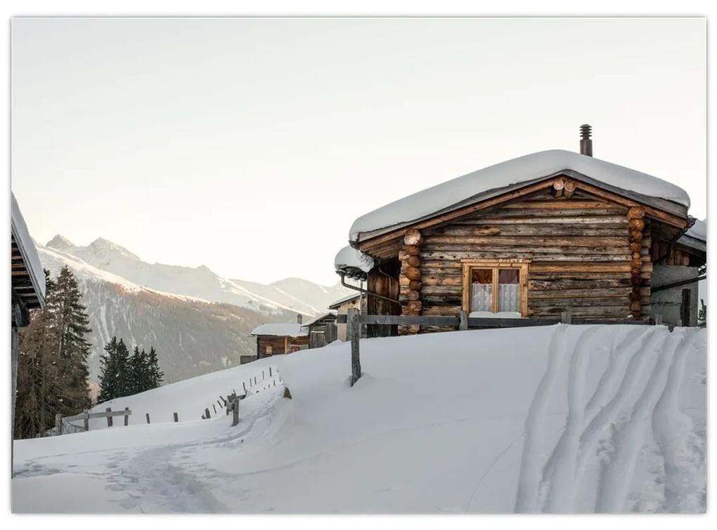 Sklenený obraz - horská chata v snehu (70x50 cm)