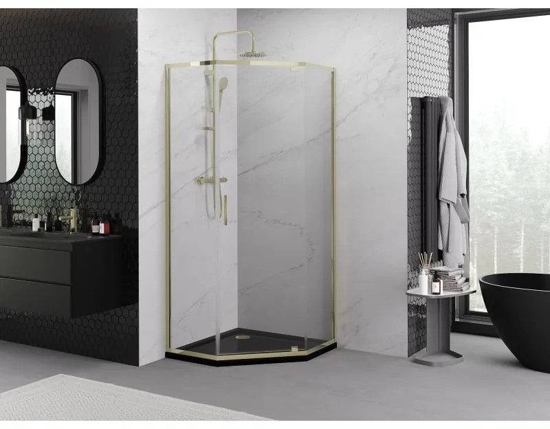 Mexen Exo, päťuholníkový výklopný sprchový kút 80 x 80 cm, číre sklo, zlatá, 812-080-080-50-00