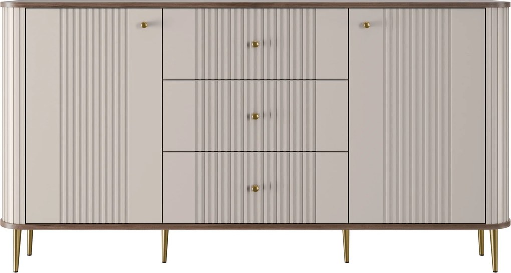 Komoda Vesper 160 cm so zásuvkami na nožičkách - kašmír / orech / zlaté nohy