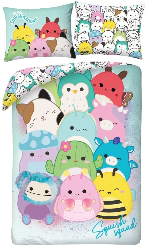Obojstranné posteľné obliečky z mikrovlákna Squishmallows – motív Squish Squad - 70 x 90 cm + 140 x 200 cm - zipsové zapínanie