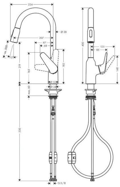 Hansgrohe Focus M42, drezová batéria M429-H220 s výsuvnou spŕškou, vzhľad nehrdzavejúcej ocele, HAN-71800800