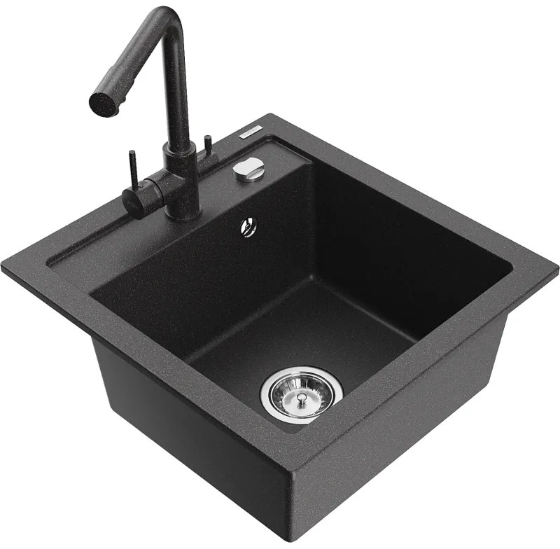 Mexen Vito, 1-komorový granitový drez 520x490x210 mm, čierna škvrnitá batéria Duero, čierna škvrnitá, 6503-76-671600-76