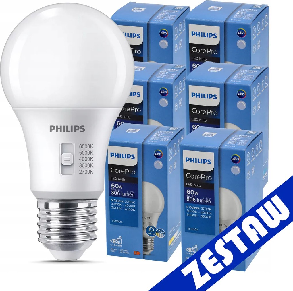 6x stmievateľná LED žiarovka E27 8W 806lm 5CCT CorePro 2700K - 6500K