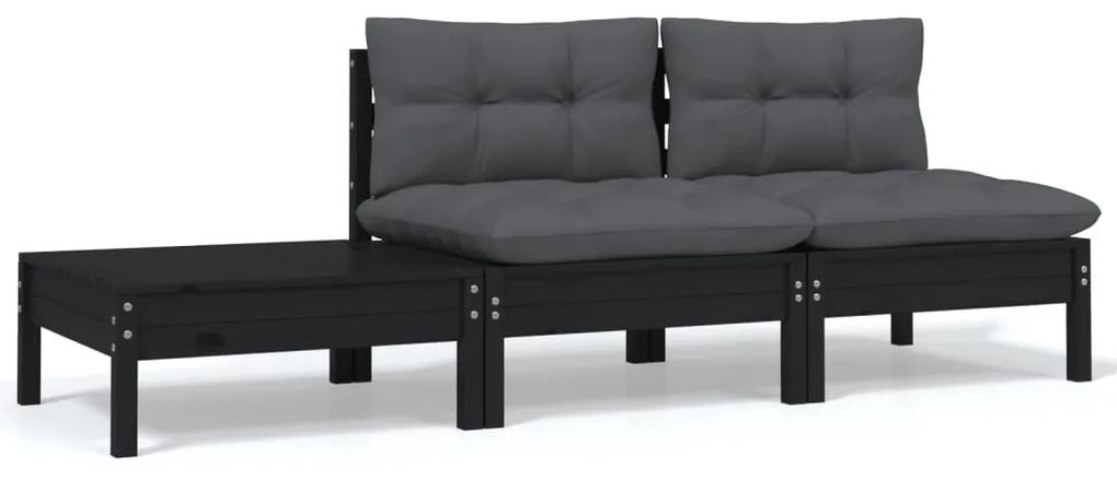 vidaXL 3-dielny záhradný sedací set so sedákmi čierny borovicový masív