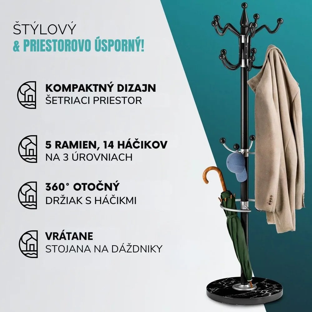 Stojanový vešiak TENZY s mramorovým podstavcom, 37x173cm, čierna Casaria