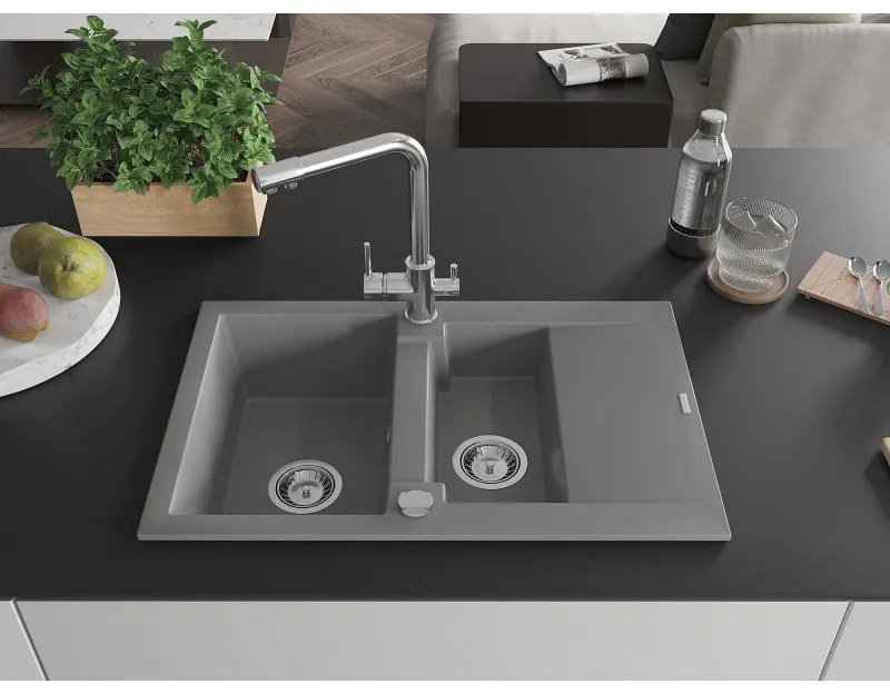 Mexen Gaspar, granitový drez 737x475x177 mm, 1,5-komorový, chrómová batéria Duero, šedá, 6507-71-671600-00