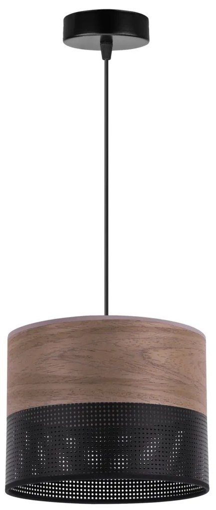 Závesné svietidlo Wood, 1x hnedá orechová dýha/čierne PVC tienidlo, (fi 20cm)