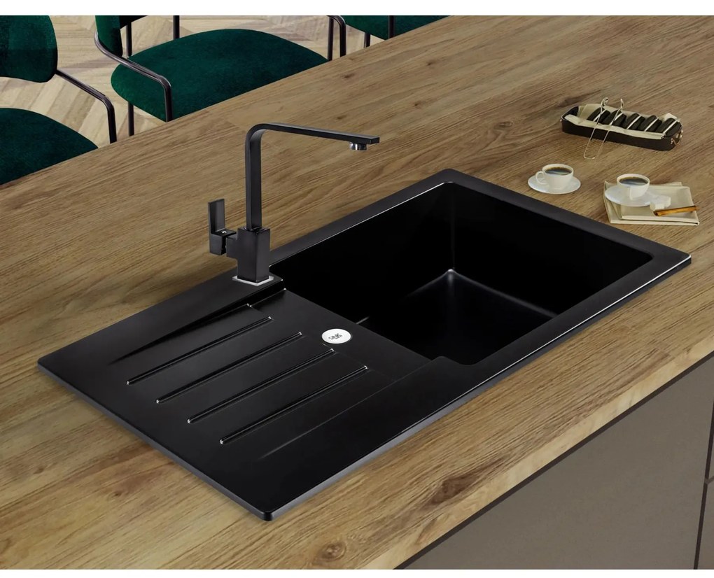 Sink Quality Natalie, kuchynský granitový drez 770x450x170 mm + chrómový sifón, čierna škvrnitá-BROCADE, SKQ-NAT.B.1KDO.X