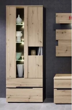 Vysoká vitrína s osvetlením Memphis, dub artisan/grafit%
