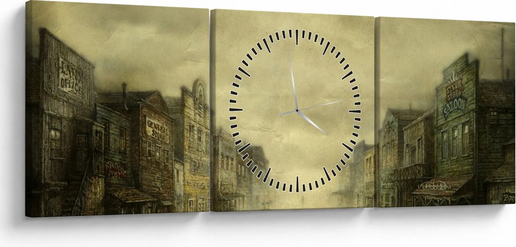 Obraz westernového mestečka (s hodinami) (90x30 cm)