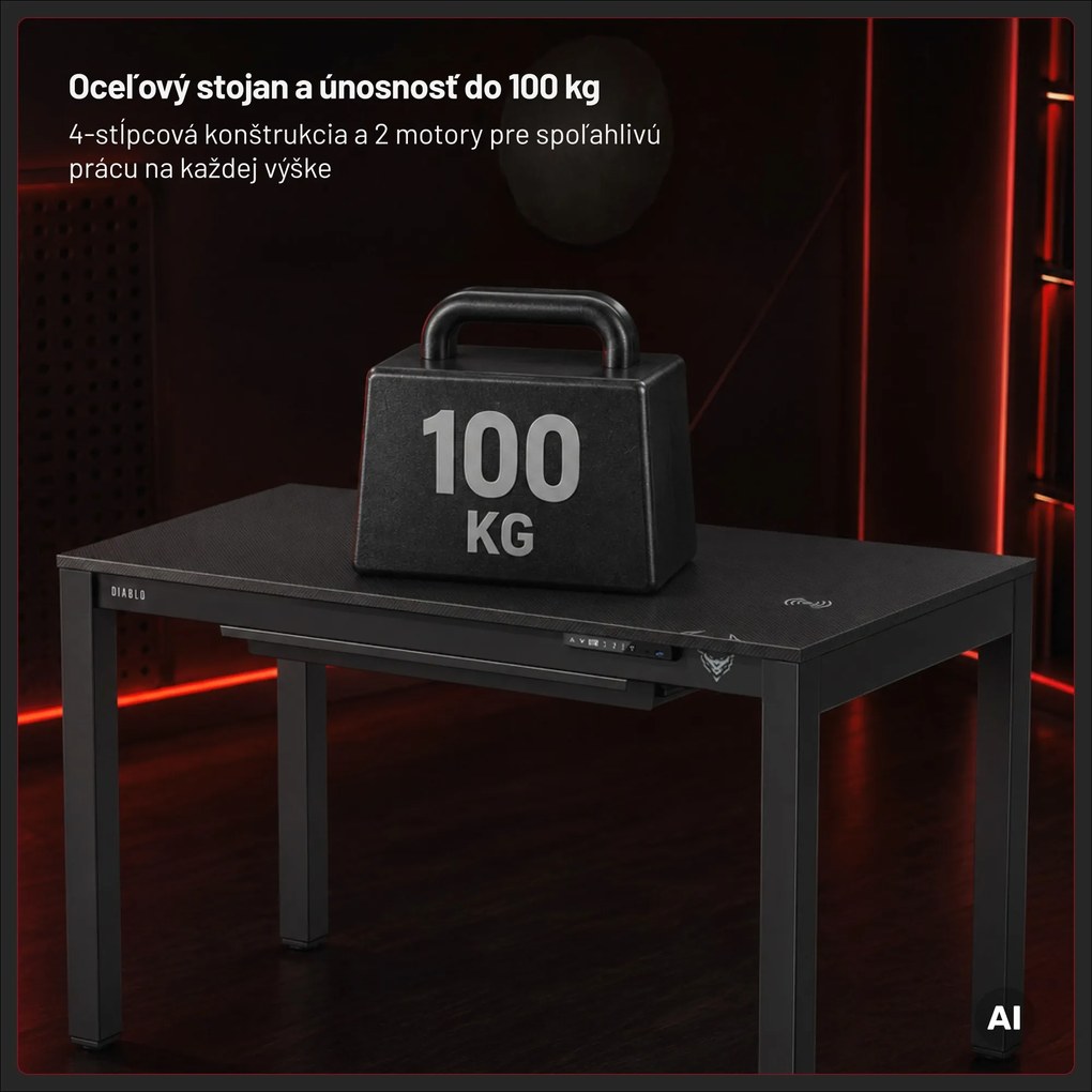 Herný stôl elektricky nastaviteľný, vstavaná bezdrôtová nabíjačka QI a USB: Diablo X-RIFT čierny