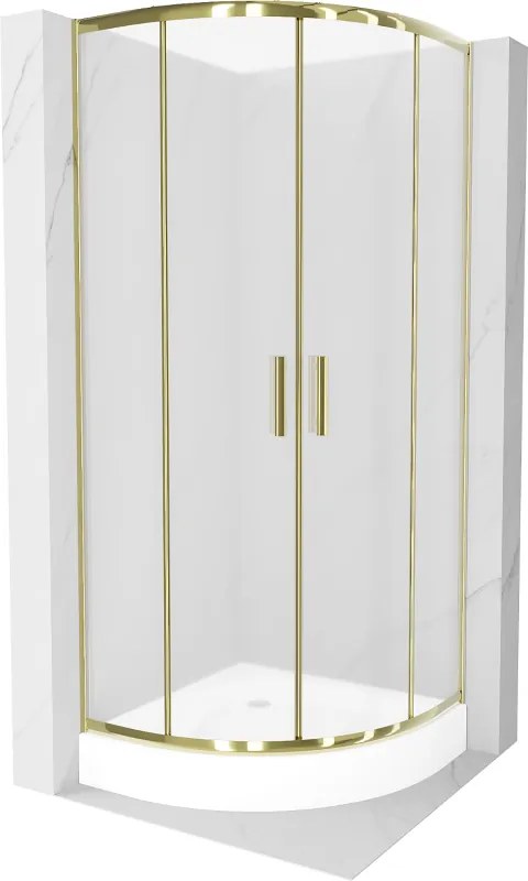 Mexen Rio, štvrťkruhový sprchovací kút s posuvnými dverami 80(dvere) x 80(dvere) x 190 cm, 6mm sklo námraza, zlatý profil + biela sprchová vanička RIO, 863-080-080-50-30-4710