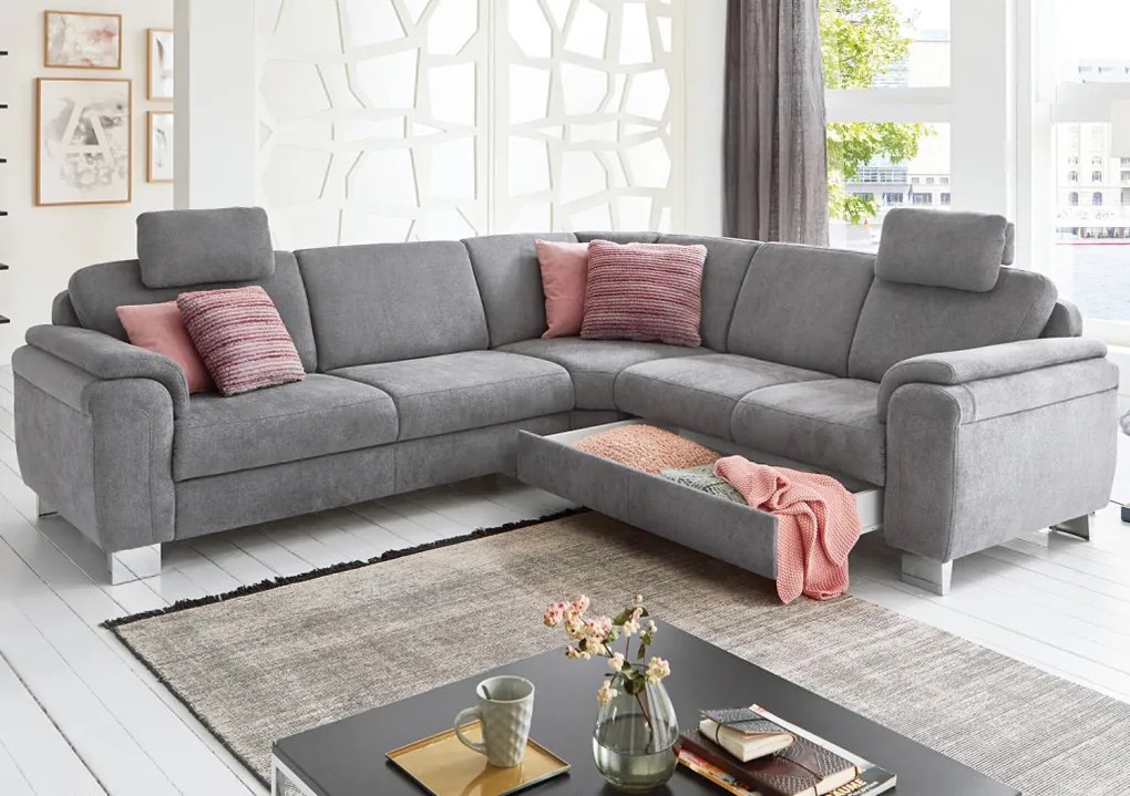 Rohová sedacia súprava s kreslom Omaha, šedá látka, s funkciami