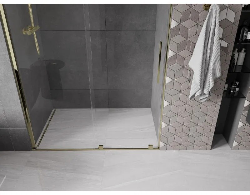 Mexen Velar, posuvné dvere do otvoru 140x200 cm, 8mm číre sklo, zlatá lesklá, 871-140-000-01-50