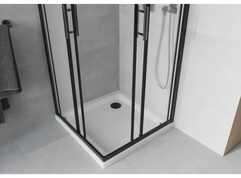 Mexen Rio, štvorcový sprchovací kút s posuvnými dverami 90(dvere) x 90(dvere) x 190 cm, 6mm sklo námraza, čierny profil + biela sprchová vanička SLIM, 860-090-090-70-30-4010B