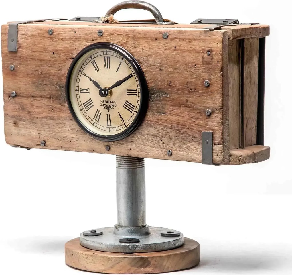 Drevené hodiny s kovovým podstavcom v štýle upcycle 320x160x310