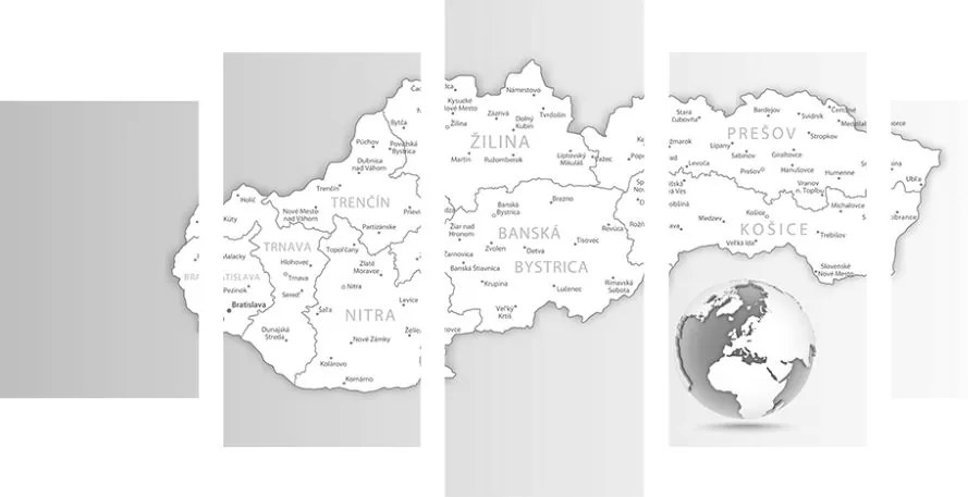 5-dielny obraz podrobná mapa Slovenska v čiernobielom prevedení