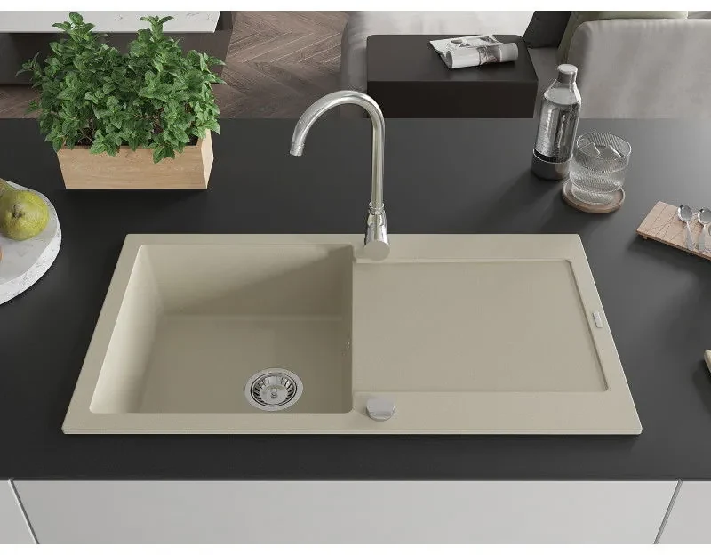 Mexen Leo, drez granitový 900x500x190 mm, 1-komorový a chrómová batéria Telma, béžová, 6501-69-670200-00