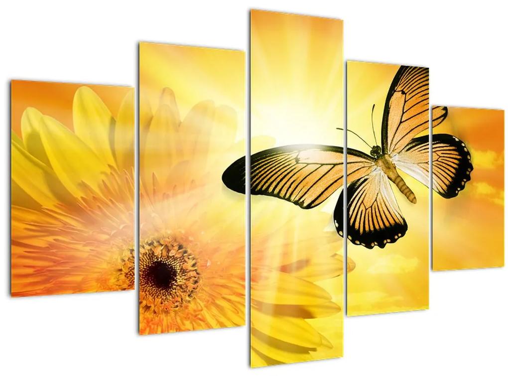 Obraz - Žltý motýľ s kvetom (150x105 cm)