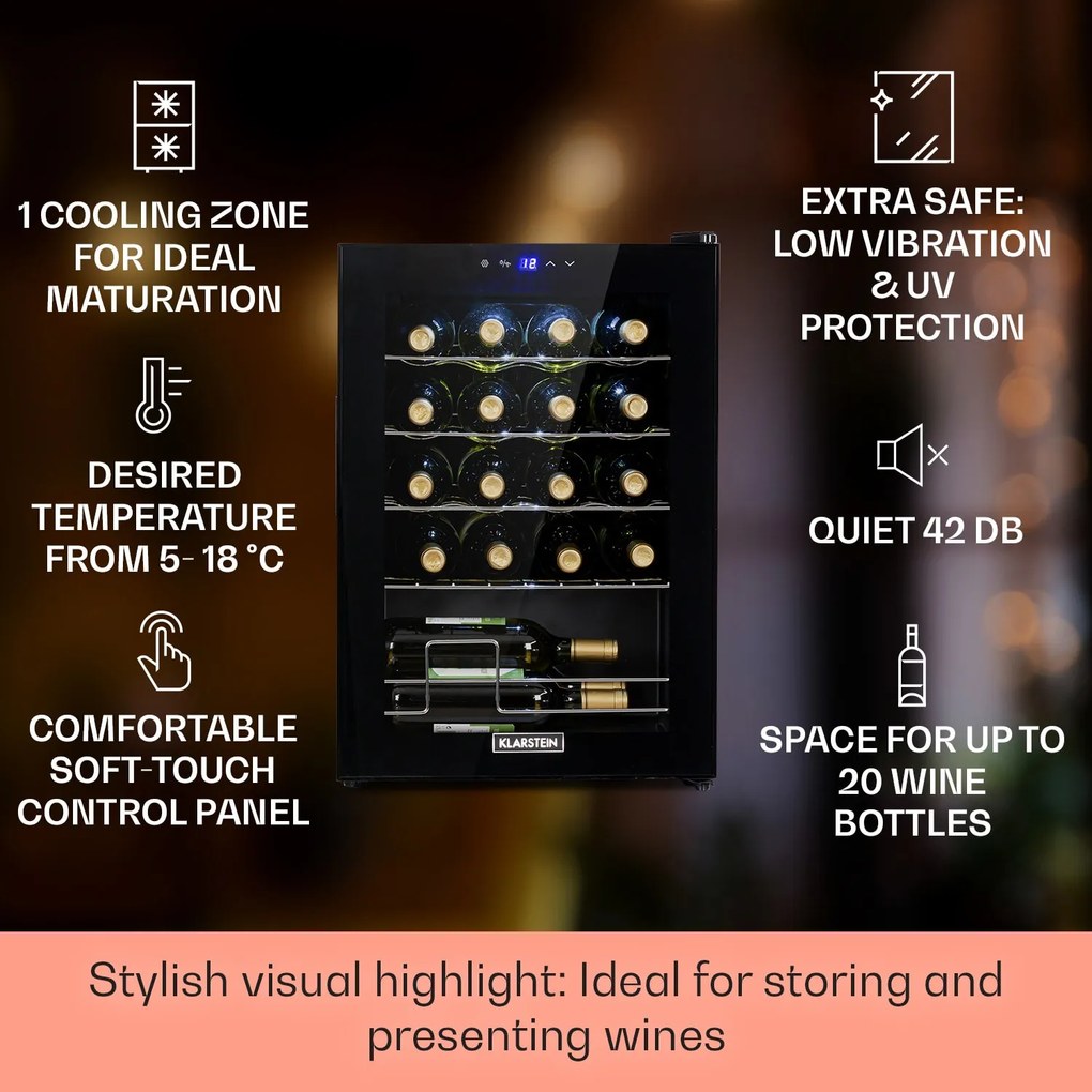 Klarstein Shiraz 20 Uno, vinotéka, 53 l, 20 fliaš, 5-18°C, dotykový ovládací panel