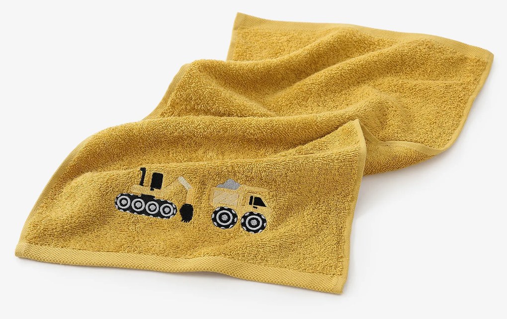 Goldea detský froté uterák - bager na horčicovej 30 x 50 cm
