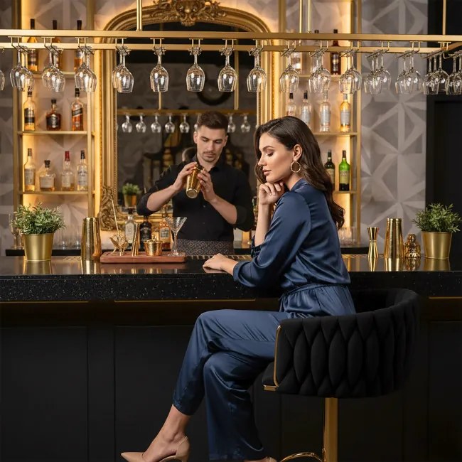 Barová stolička COFTON zamatová, zlatá / čierna