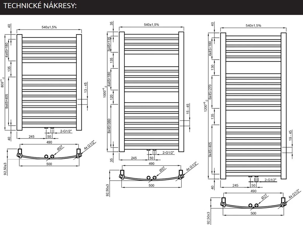 Invena Invena, kúpeľňový rebríkový radiátor 540x1200 mm 538W, čierna matná, UG-03-120-A