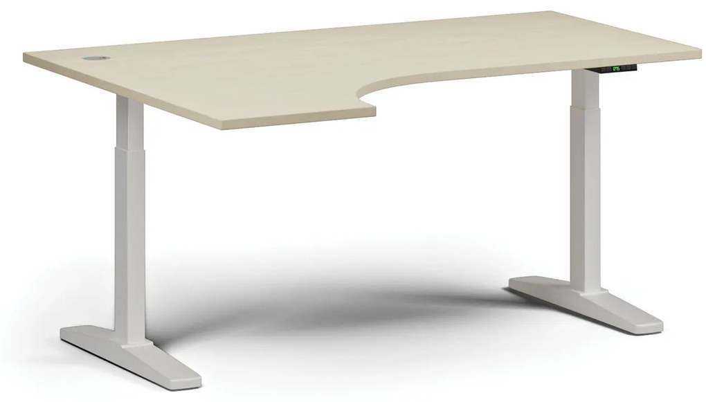 Výškovo nastaviteľný stôl, elektrický, 675-1325 mm, rohový ľavý, doska 1600x1200 mm, biela podnož, dub prírodný