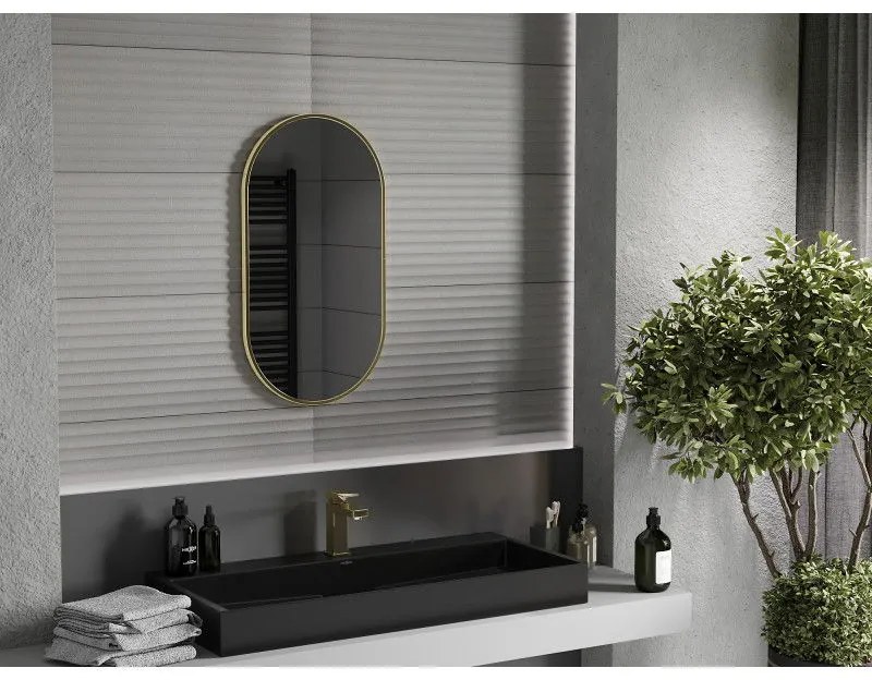 Mexen Loft, oválne kúpeľňové zrkadlo 75 x 40 cm, farba rámu zlatá lesklá, 9851-075-040-000-50