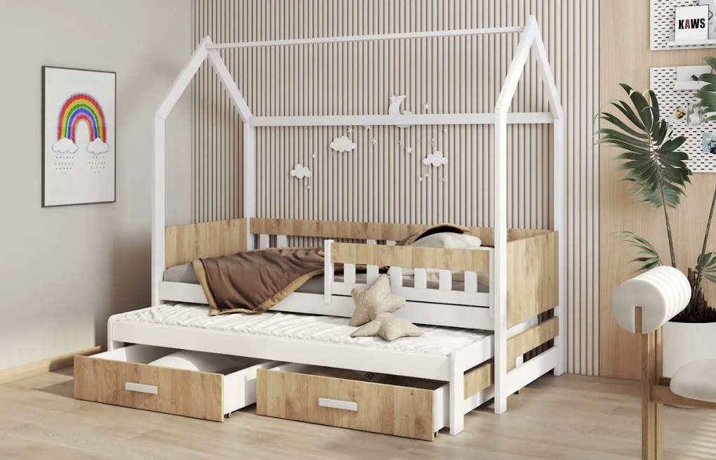 Detská domčeková posteľ z masívu borovice JASPER so šuplíkmi a prístelkou - 200x90 cm - biela/dub shetland