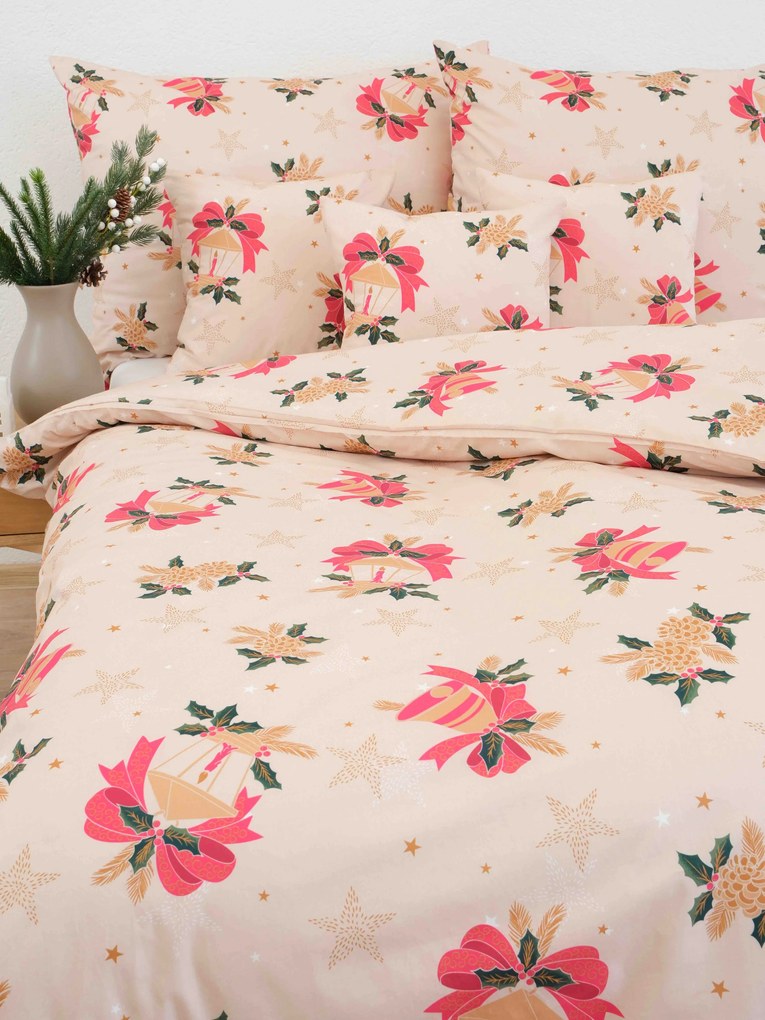 Vianočné bavlnené obliečky Renforcé - Vianočné zvončeky béžové