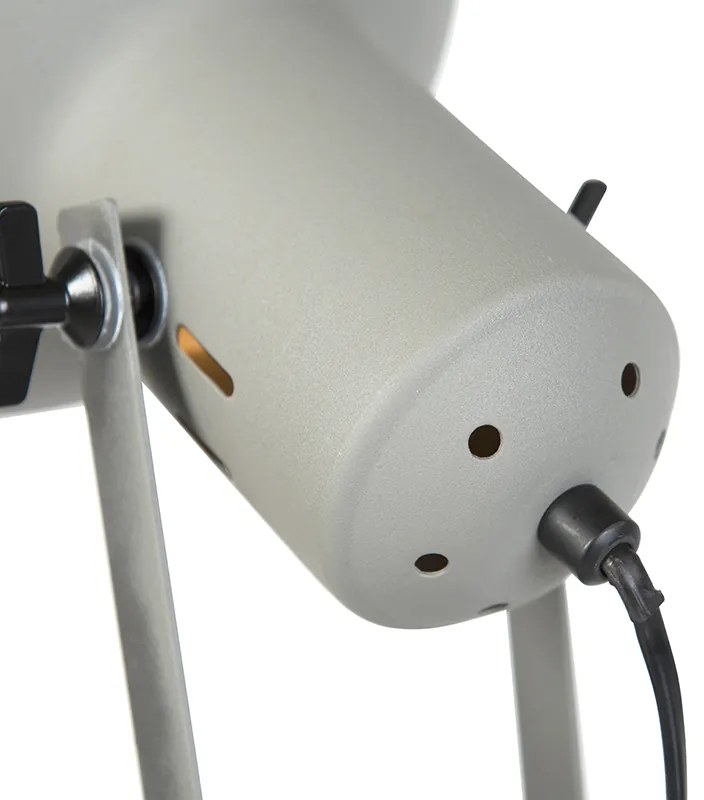 Priemyselná stojaca lampa na drevenom trojnohom stojane s sivým tienidlom - Laos