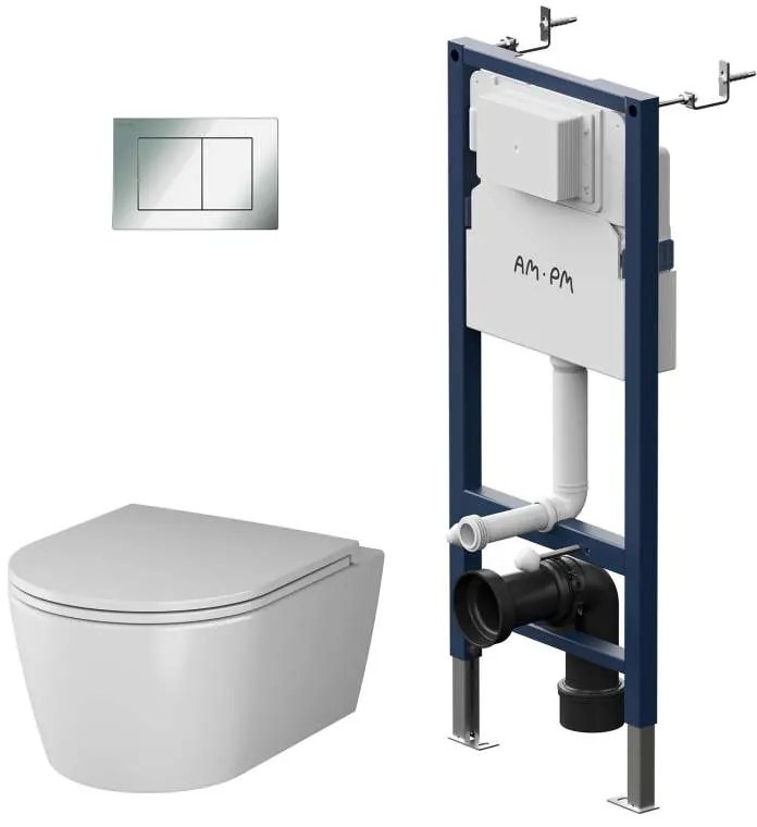 Toaletný set s inštaláciou AM.PM IIS90251.FA1700 bezokrajové, so sedadlom microlift, chróm mechanické tlačidlo na splachovanie