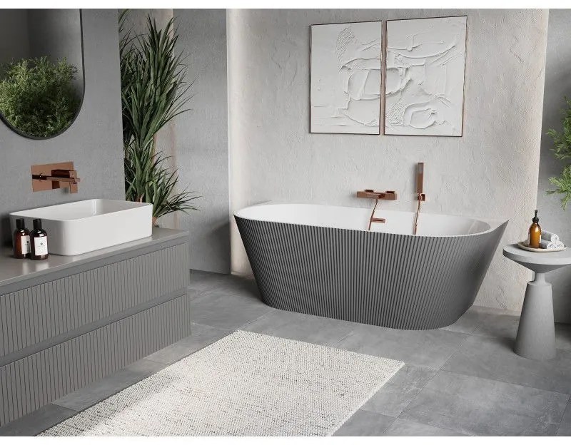 Mexen Oris, voľne stojaca ryhovaná vaňa 170 x 80 cm, biela-šedá, medený matný prepad, 52871708062-65
