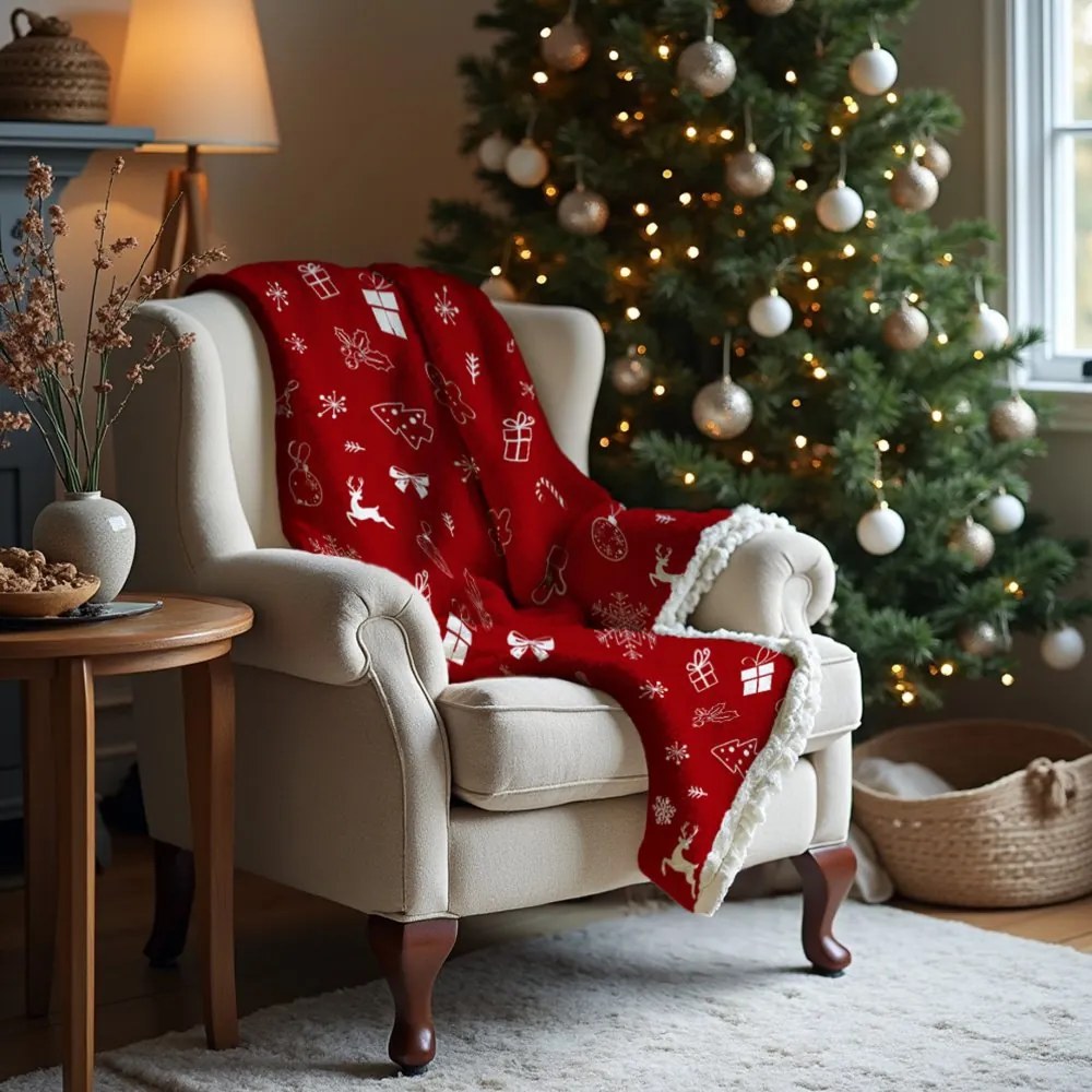 Červená vianočná deka s baránkom - 150 x 200 cm