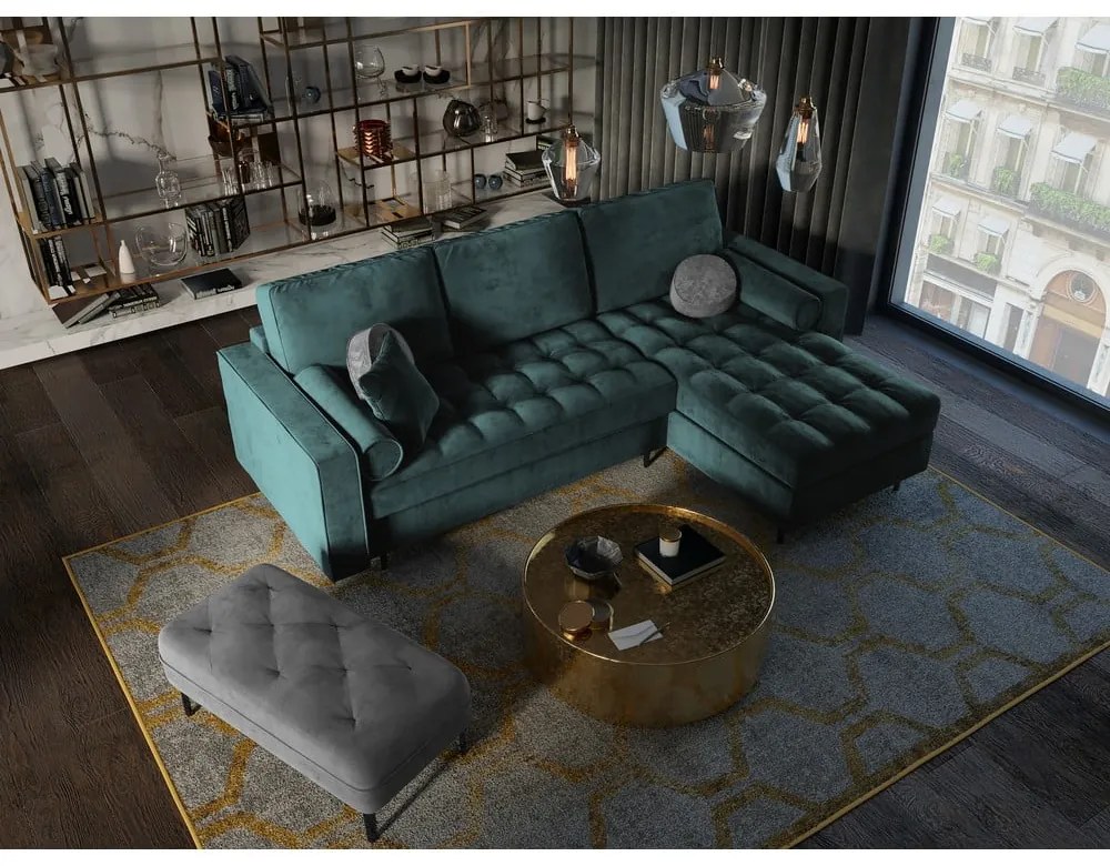 Petrolejovozelená zamatová rozkladacia rohová pohovka Milo Casa Santo, pravý roh