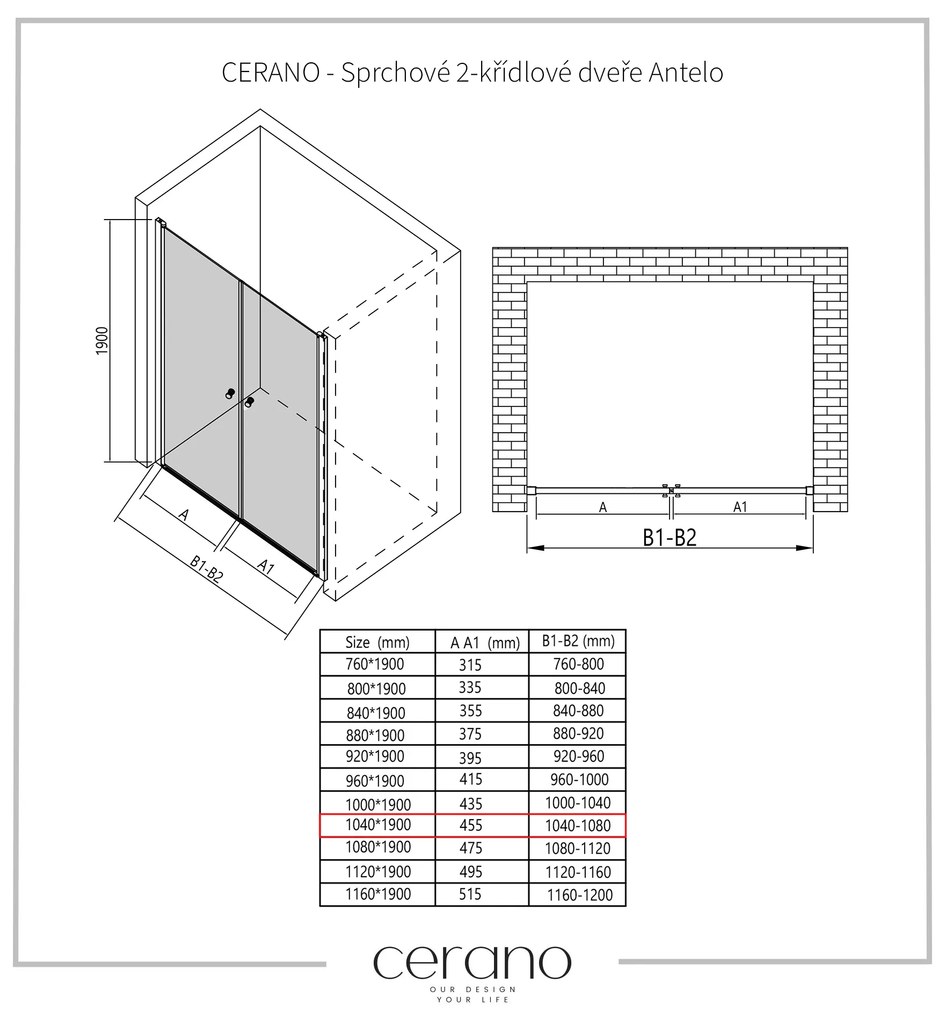 Cerano Antelo, 2-krídlové sprchové dvere 104x190 cm, 6mm číre sklo, čierny profil, CER-CER-432361