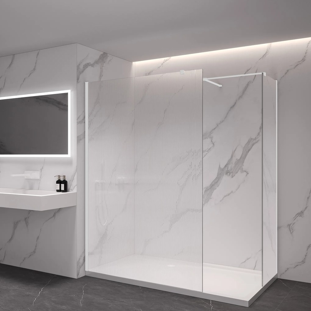 Cerano Onyx, sprchová zástena Walk-in, hranatá vzpera - biela matná, ryhované sklo - 90x90 cm, CER-CER-8050BD3417