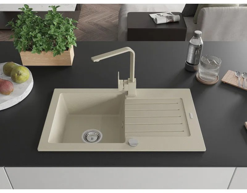 Mexen Pablo, granitový drez 752x436x161 mm, 1-komorový a béžová batéria Rita, béžová, 6510-69-670300-69