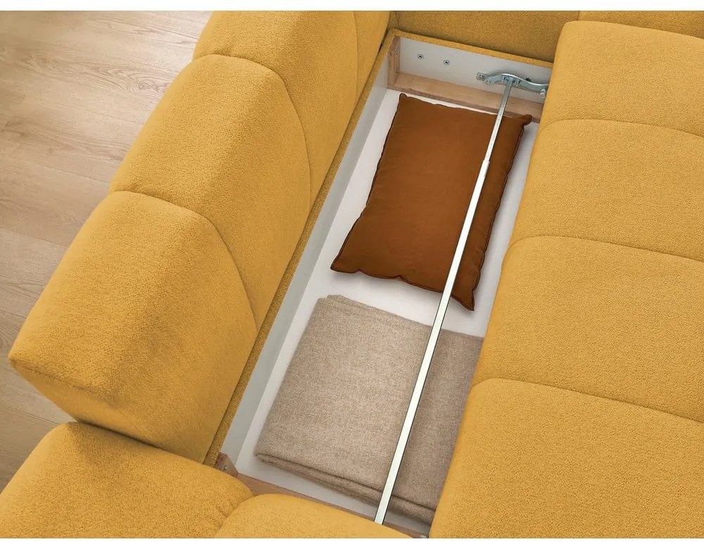 Ženilková rozkladacia/s úložným priestorom rohová pohovka v horčicovej farbe (pravý roh/s leňoškou) Everest – Bobochic Paris