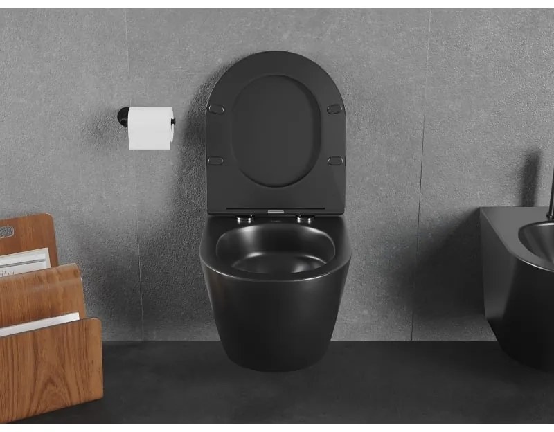 Mexen Lena, závesná WC misa 490x360x340 mm, Rimless Tornádo + WC sedadlo z duroplastu, čierna matná, 30221085T