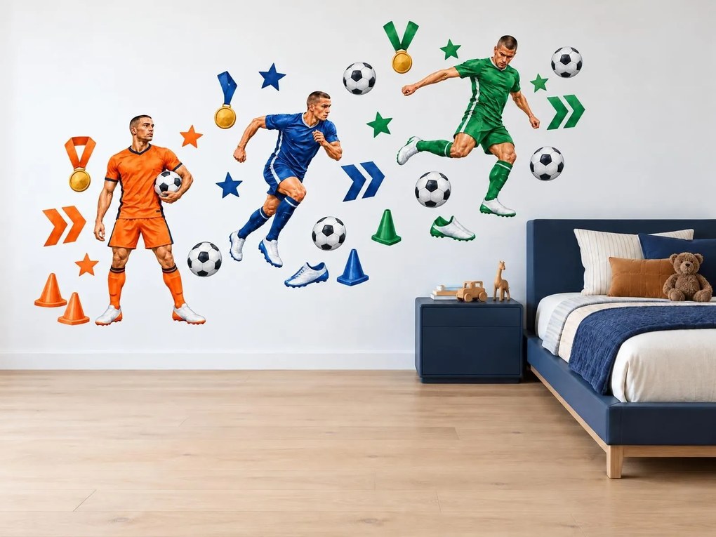 Traja futbalisti v akcii športové nálepky na stenu do študentskej izby hárok 46 x 23 cm