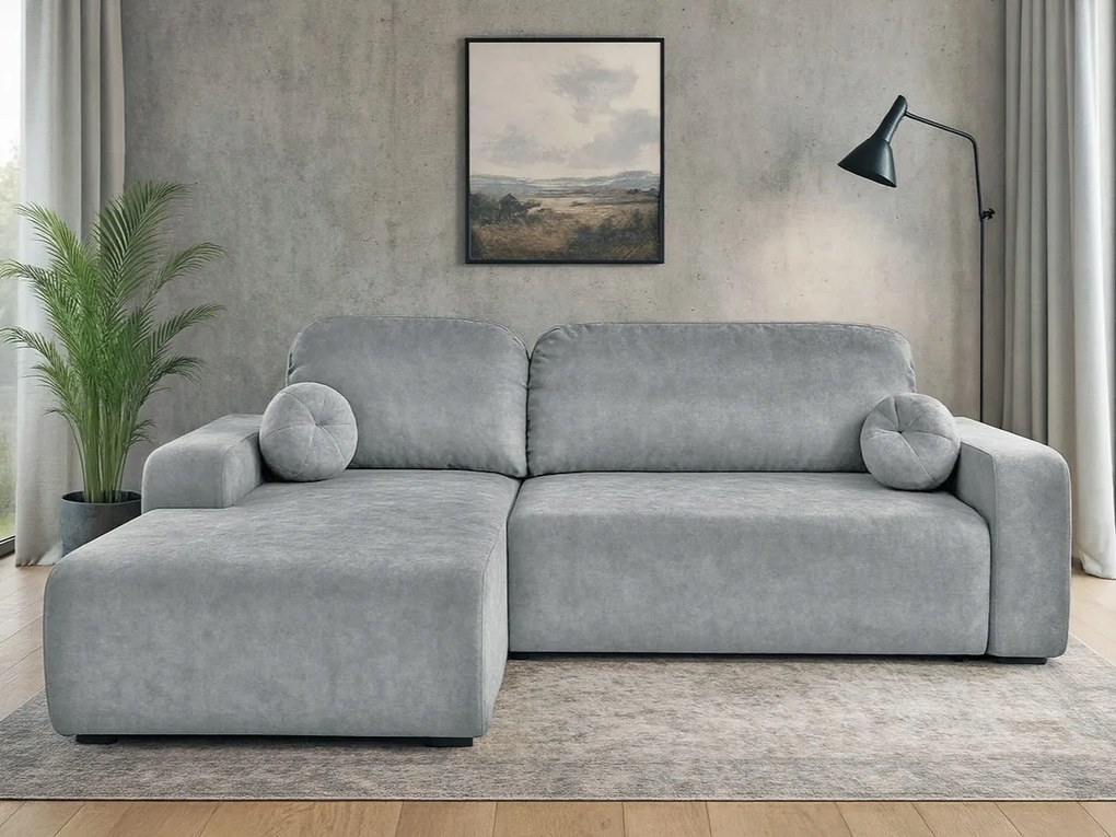 Rohová sedačka s funkciou spania Tori ľavá s úložným priestorom na posteľnú bielizeň, šedý velúr