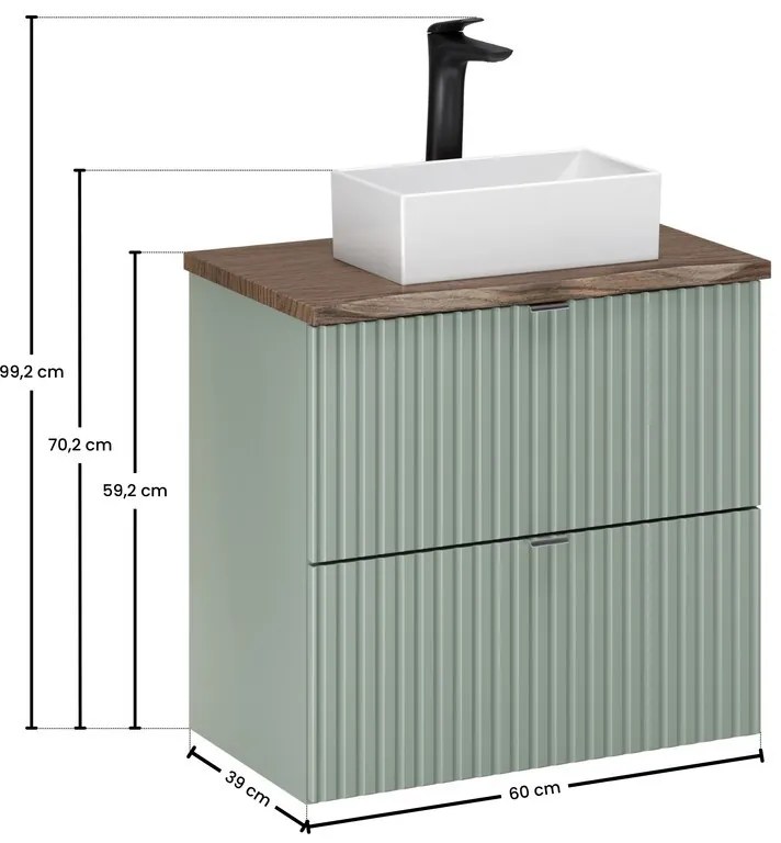 Závesná skrinka Line Reed Green Gaja s doskou a umývadlom 60 cm zelená/dub casella