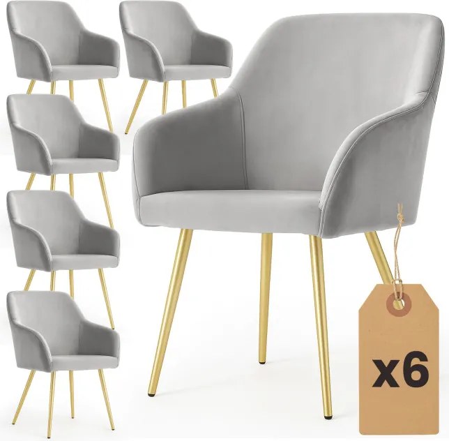 Sada šiestich jedálenských stoličiek ESTELLE zamatové, sivé / zlaté nohy (6 ks)