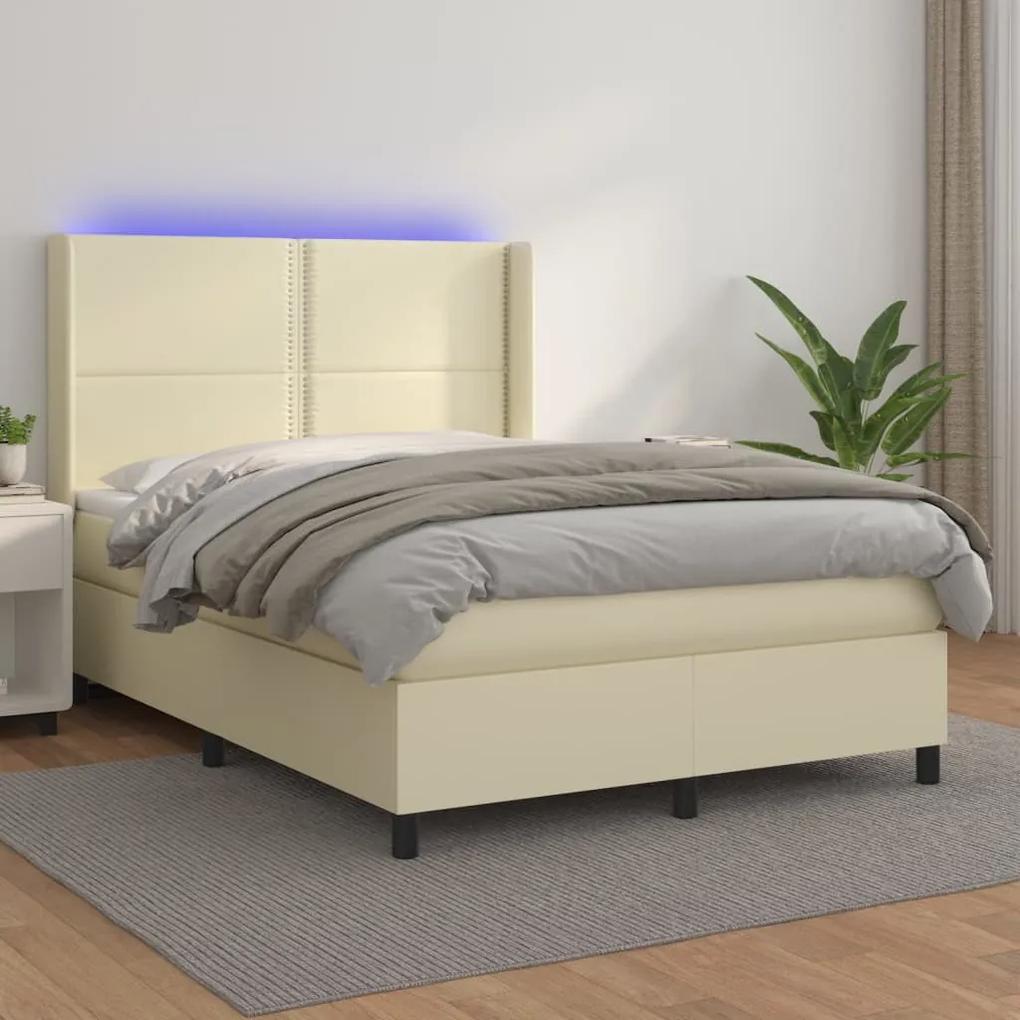 Boxspring posteľ s matracom a LED krémová 140x190 cm umelá koža 3139321